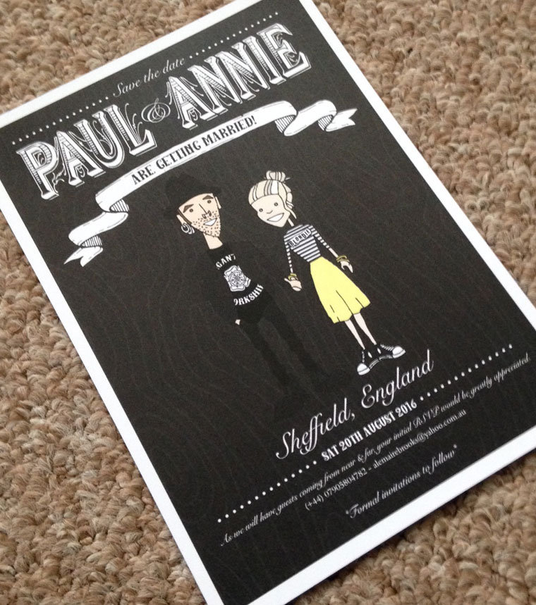 A wedding invitation featuring a custom wedding illustration of the bride and groom