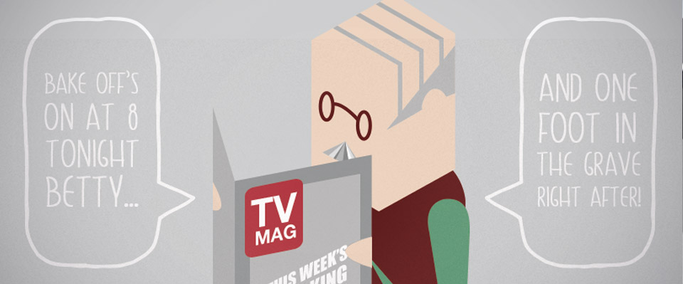 An illustration of an old man reading a television magazine
